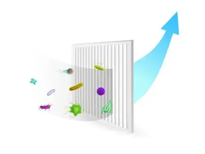 An air filter illustration shows various airborne particles being trapped