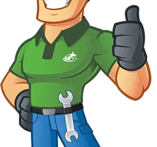 A friendly cartoon handyman, wearing a green polo shirt and work gloves, gives a thumbs-up