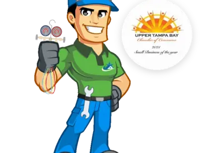 Cartoon handyman holding colorful wires