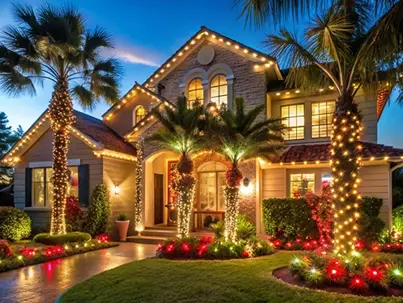 A lovely home beautifully lit with warm white and red holiday lights