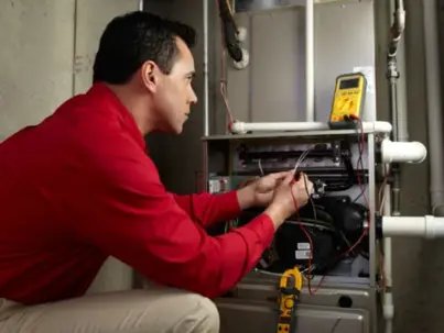 A dedicated HVAC technician performs an inspection, carefully examining the internal components of a furnace