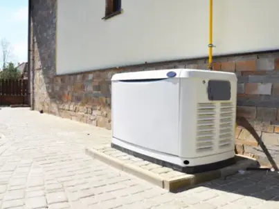 A white standby generator sits outdoors on a paver patio