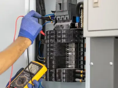 An electrician in blue gloves uses a yellow multimeter to test an open electrical panel