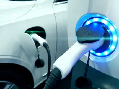 Two white electric vehicles are charging, with one port glowing blue